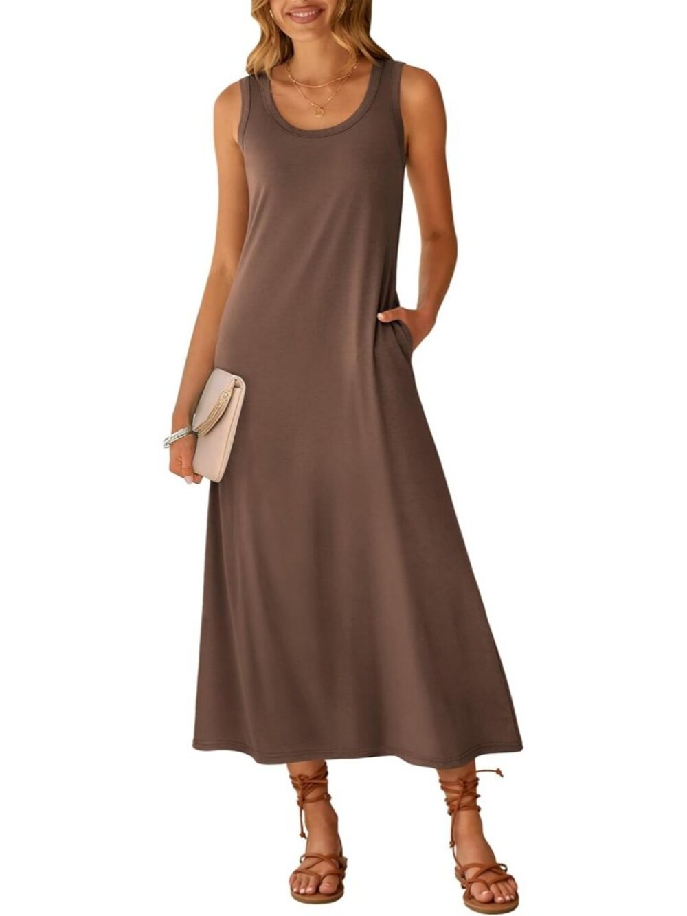 Women's Coffee Scoop Neck Sleeveless Long Tank Maxi Dress Summer Casual Sundress